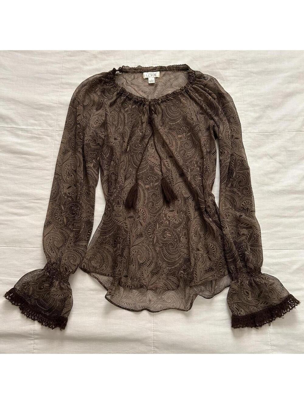 Ann Taylor LOFT Brown Paisley Peasant Blouse Crochet Tassels Size 10